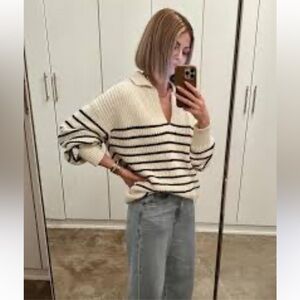 Zara 💯 Cotton Oversized Ecru and Navy Chunky Shaker Knit Sweater L